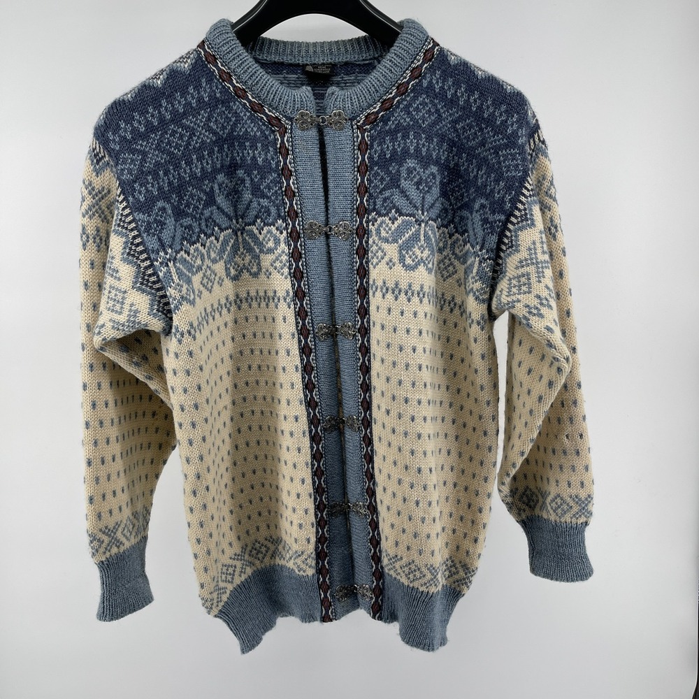 Dale of Norway Sweater Women's Large Blue Cream Fair Isle Snowflake Latch Button